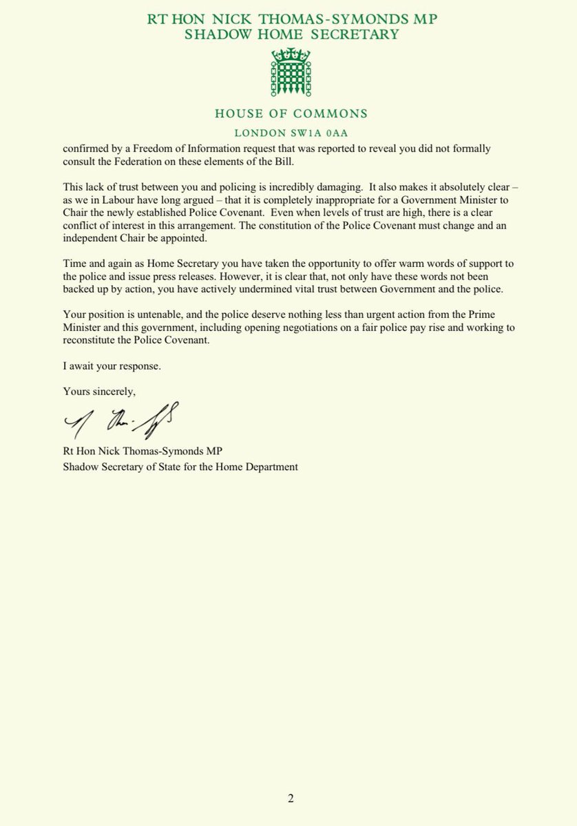 My letter to Priti Patel on the awful way the Tories have treated our police with a 0% pay offer. This is after letting officers down on the vaccine & claiming to consult the Police Fed when she hadn’t. The Home Sec has lost the trust of police - her position is now untenable.