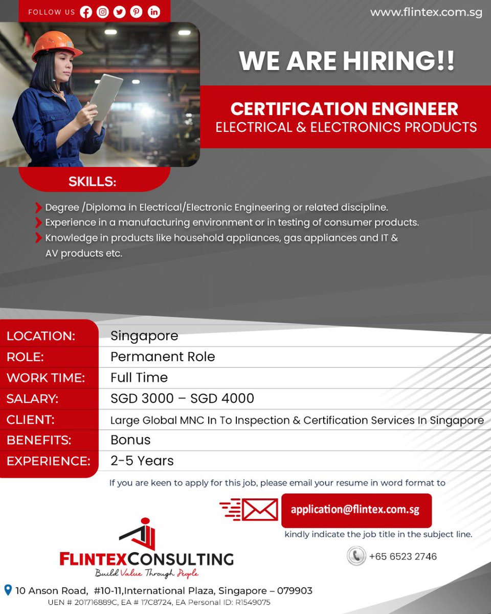 Email your resume- application@flintex.com.sg
Now Hiring - Certification Engineer Electrical & Electronics Products.
Location - Singapore
***Apply Now ***
.
.
. 
#flintexconsulting #flintex #jobvacancies #jobsaround
#jobsabroad #jobsg #diploma #singaporefulltimejob
