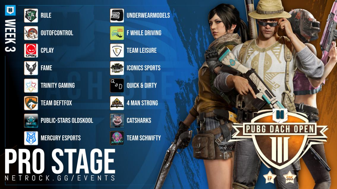 🔥<a href="/PUBG_DE/">PUBG: BATTLEGROUNDS Deutschland 🇩🇪</a>  Dach Open Season 3🔥 
🏆Spieltag #3🏆

🪂Pro Stage
⏱19:00 Uhr
📺twitch.tv/beingesports
🎙TBA
ℹ️netrock.gg/events/pubg-da…
#PDOS3

TEAMS
<a href="/PublicStarsORG/">|- P u b l i c ★ S t a r s -|</a> <a href="/MERCURYesports/">MERCURY</a> <a href="/ooc_pubg/">OutOfControl</a>  <a href="/CPLAYgg/">CPLAY</a> <a href="/rule_gg/">RuLe 👑</a> @TeamDeftFox  <a href="/Team_LeiSuRe/">Team LEISURE</a>  <a href="/4ManStrong/">4manstrong</a> <a href="/iCONICSSports/">iCONICS Sports</a> <a href="/TNT_GamingEU/">Trinity Gaming</a>