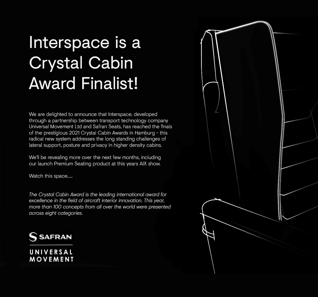 SafranSeats's tweet photo. ๐บ Interspace, developed in cooperation with #UniversalMovement, is a finalist of the prestigious Crystal Cabin Award 2021 !
The #CCA is an internationally recognised seal of quality in the aviation industry. https://t.co/0AoyiZNKjH