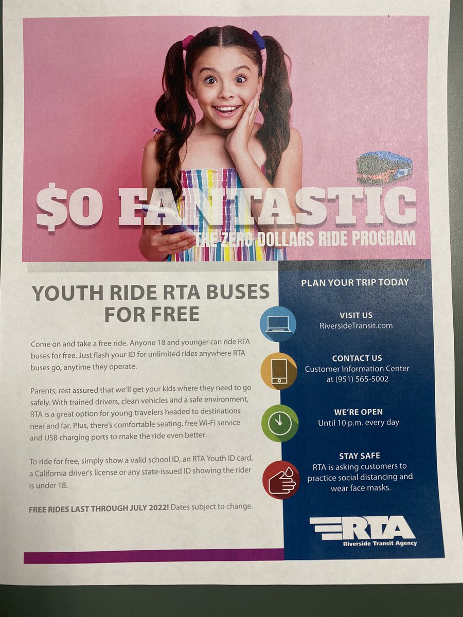 Thank You RTA! Students 18 and younger ride free through the summer of 2022!!!!
This saves you $1.75 each ride. All you have to do is show the kind and courteous driver your school ID, drivers liscence, or state ID. 
#RTABus #RiversideTransit 
@RTABus @RiversideTransit