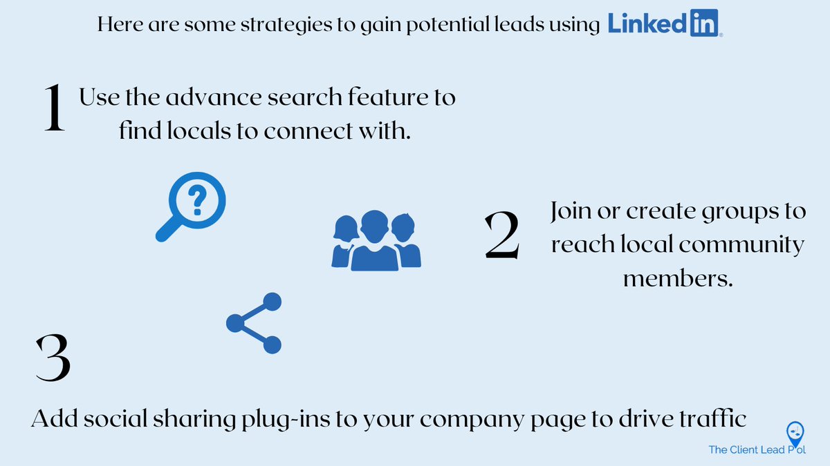 clientleadpool's tweet photo. Grow your network! Here are some strategies to gain potential leads using LinkedIn.
#clientleadpool https://t.co/1FoMWQGBlR