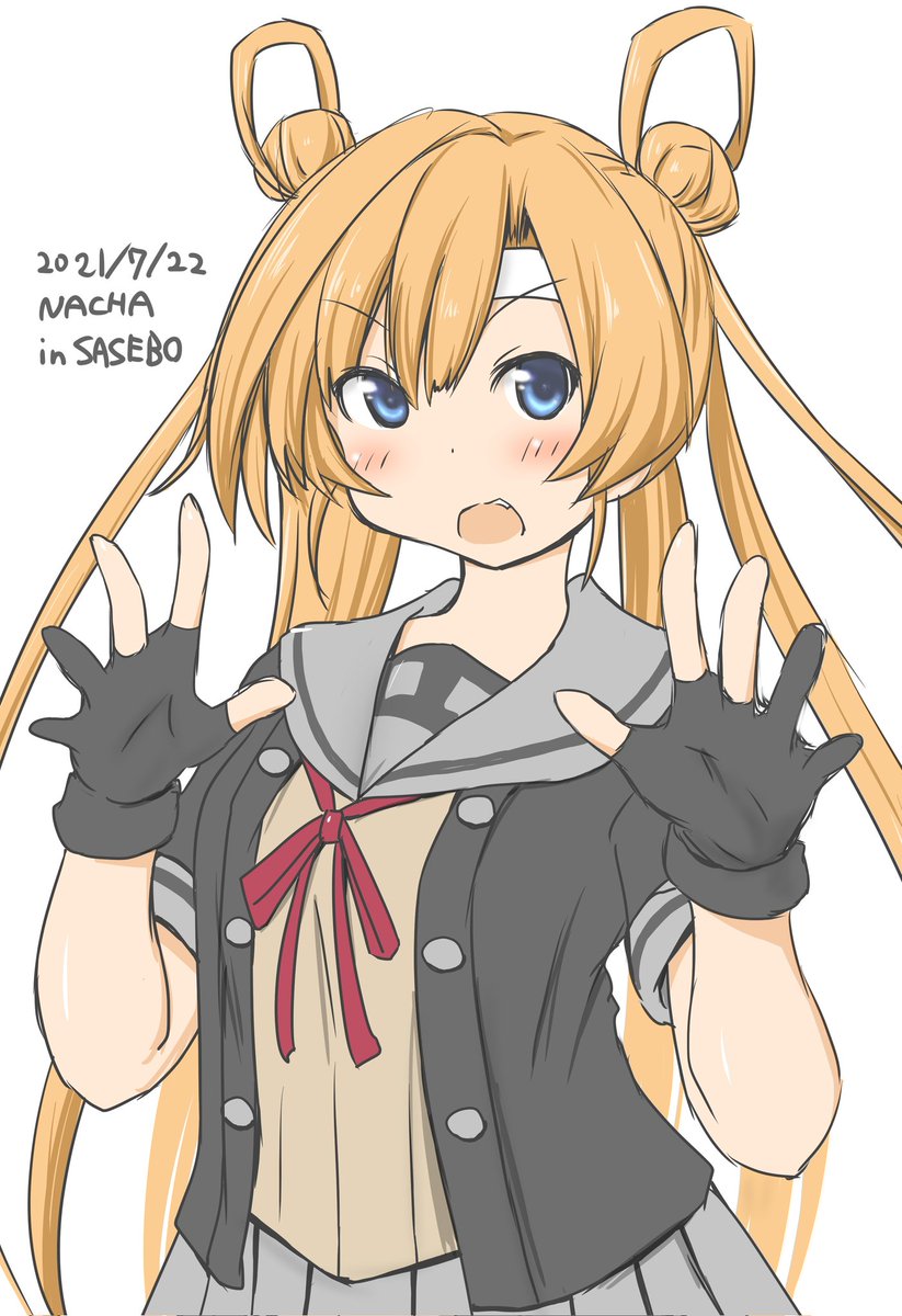 abukuma (kancolle) 1girl grey sailor collar solo double bun partially fingerless gloves hair bun gloves  illustration images