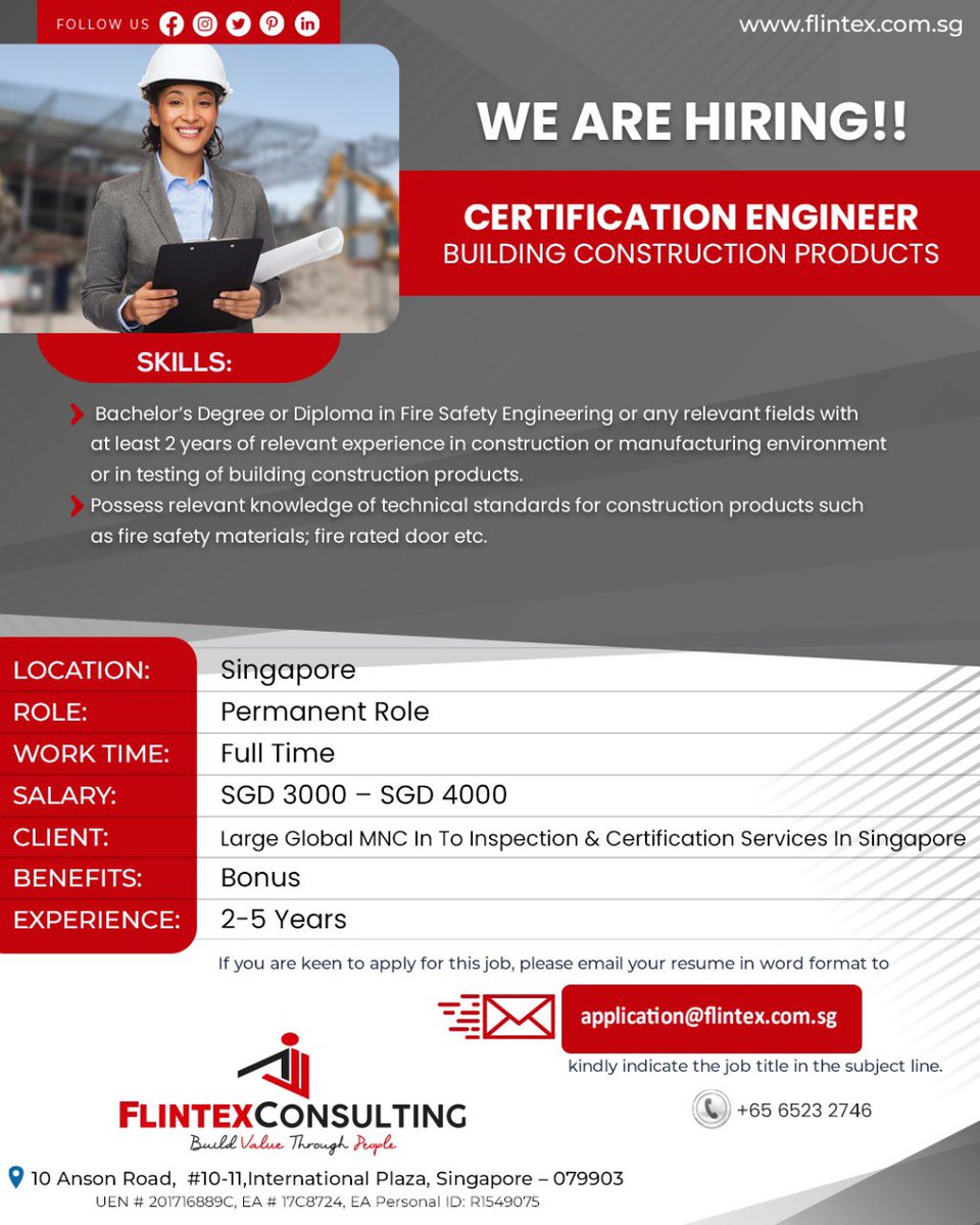 Email your resume- application@flintex.com.sg

Now Hiring - Certification Engineer Building Construction Products
Location - Singapore

***Apply Now ***
.
.
. 
#flintexconsulting #flintex #nowhiring #certification #products #jobsg #jobseeking #singapore #jobs  #building