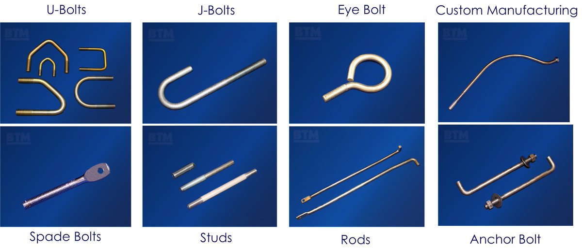 BTMMfg's tweet image. What products does @BTMMfg offer? #UBolts #JBolts #EyeBolts #CustomManufacturing #PerPrintSpecials #SpadeBolts #AnchorBolts #Rods #Studs