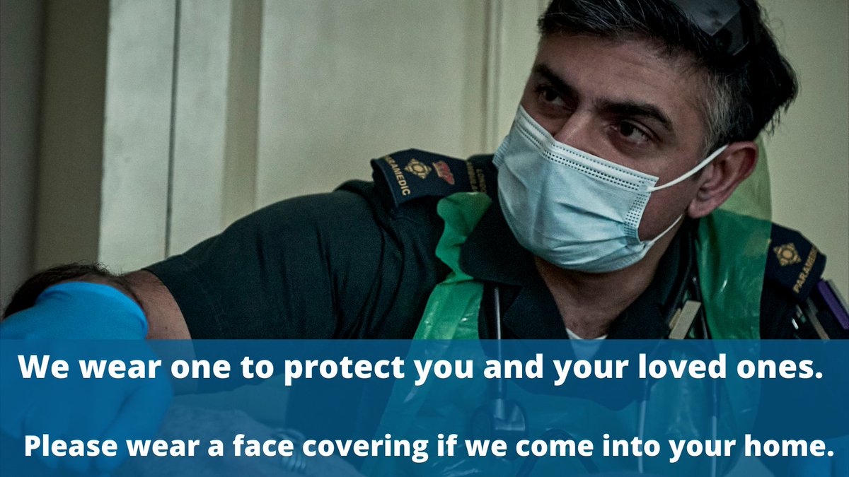 We're asking Londoners to continue to wear a face covering - where possible - if #TeamLAS crews come to their home.

They are wearing them to protect you and your loved ones as well as themselves. Please wear one too - unless you are exempt.