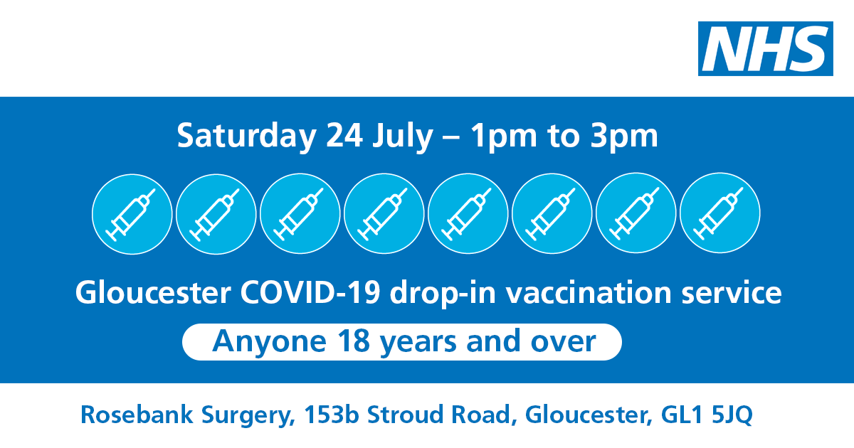 📢New drop-in clinic! 
Grab-a-jab at Rosebank surgery, Gloucester, Saturday 24 July 1-3pm. No appointment needed. Pfizer and AZ available. Second doses must be 8 weeks after the first. covid19.glos.nhs.uk/vaccinations/#…
