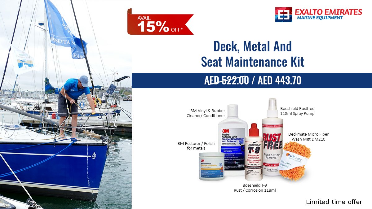 ExaltoEmirates's tweet photo. Taking care of your boat is a priority, especially during summers. We present to you the Boat Essentials Kit with exclusive offers that includes a wide variety of cleaning &amp; maintenance products from leading brands such as Deckmate, 3M, Boeshield, etc. Order now! https://t.co/bZWOn3OyVA