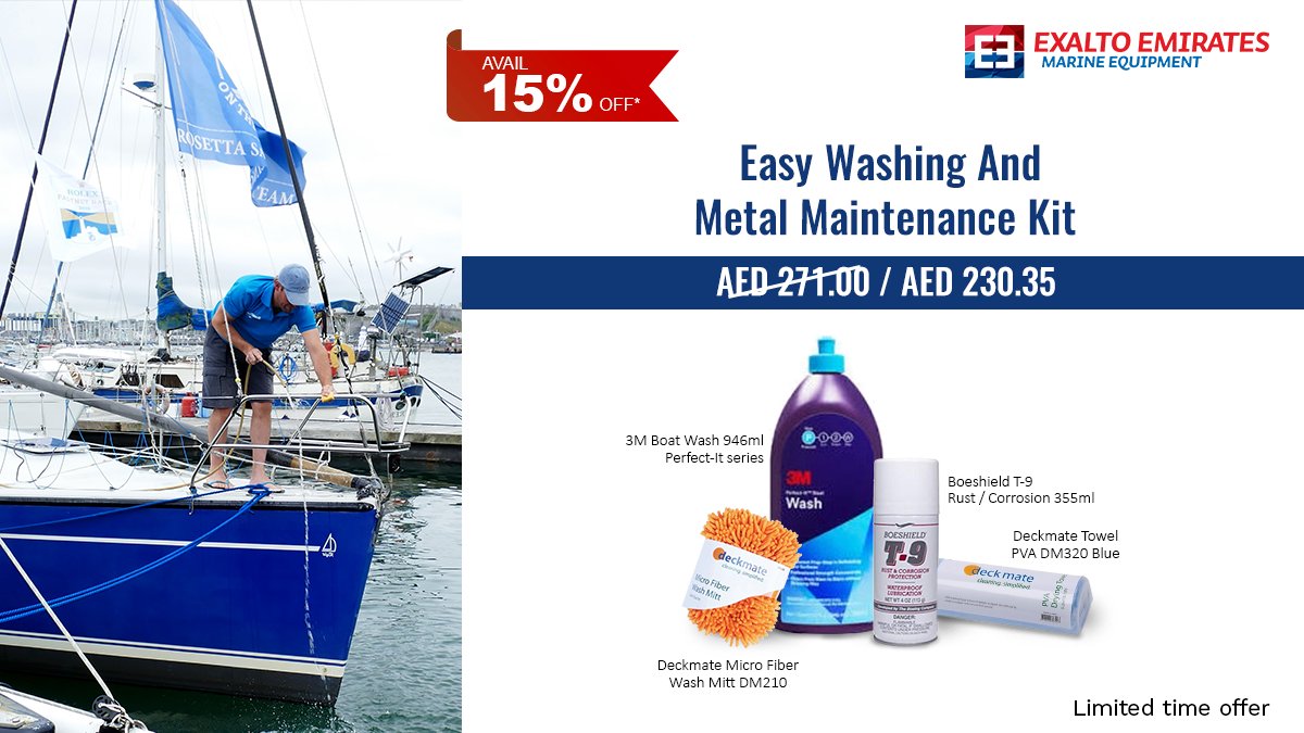 ExaltoEmirates's tweet photo. Taking care of your boat is a priority, especially during summers. We present to you the Boat Essentials Kit with exclusive offers that includes a wide variety of cleaning &amp; maintenance products from leading brands such as Deckmate, 3M, Boeshield, etc. Order now! https://t.co/bZWOn3OyVA