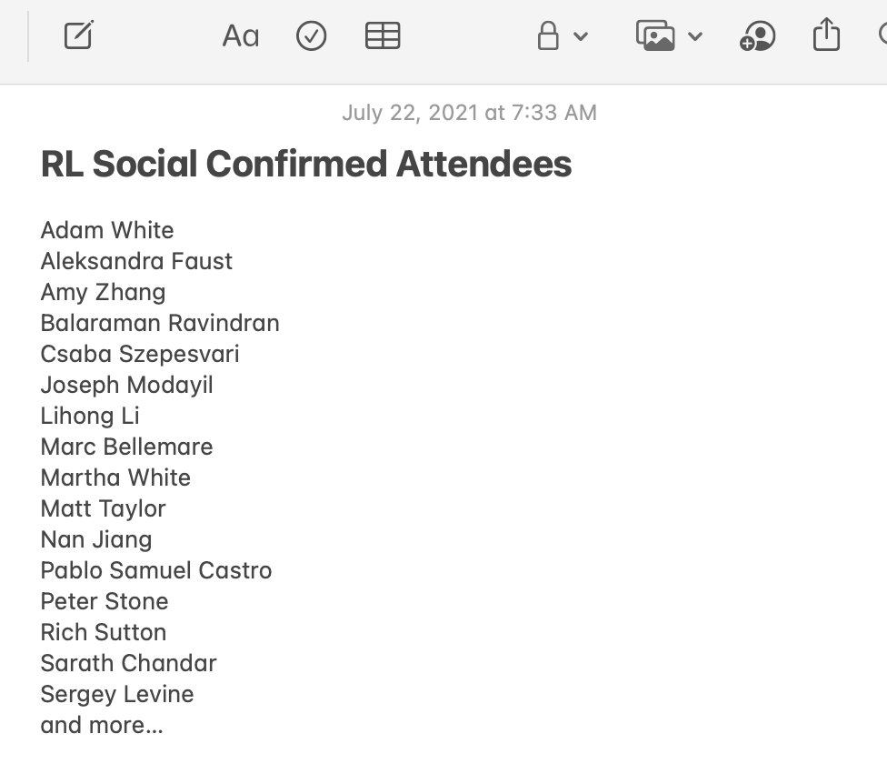 At #ICML2021 and excited about RL? Come to the RL social this evening 5-7 PM PT! 

All levels of experience welcome, especially newcomers. We're lucky to have several RL experts confirmed attending -- a great opportunity to chat with them :)

Join: icml.cc/virtual/2021/s…