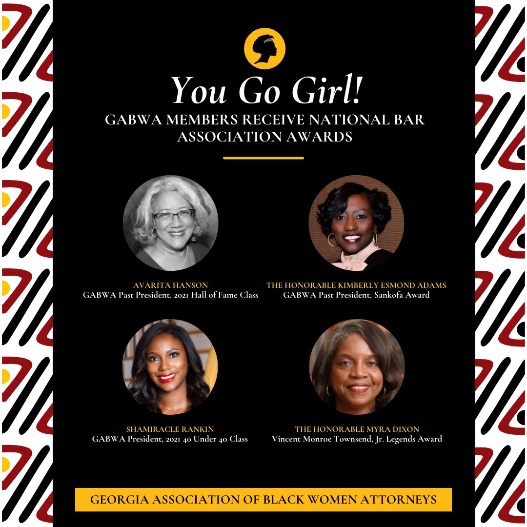 GABWAESQ's tweet photo. You Go Girl!

Congratulations to these GABWA members who will receive awards from the National Bar Association during its 96th Annual Convention for their contributions to the legal profession! https://t.co/yCkogExsPp
