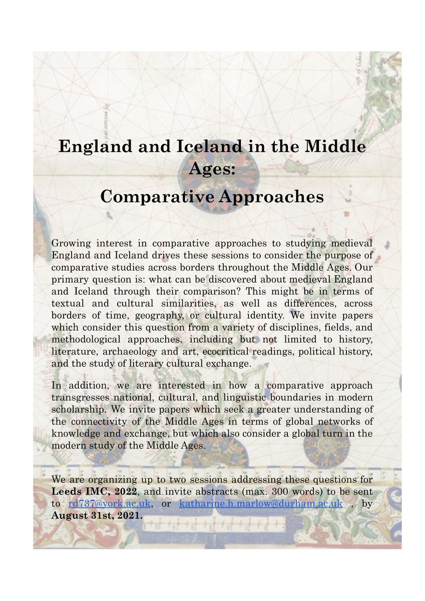 RLDrake's tweet photo. CALL FOR PAPERS
"England and Iceland in the Middle Ages: Comparative Approaches"

Katharine Marlow and I are excited to reconvene our panels @IMC_Leeds 2022. (RTs appreciated.)

🌍🌐🗺️🤝

Link to pdf:
https://t.co/YoUW3hSTDQ https://t.co/fftdyJ7Ilk
