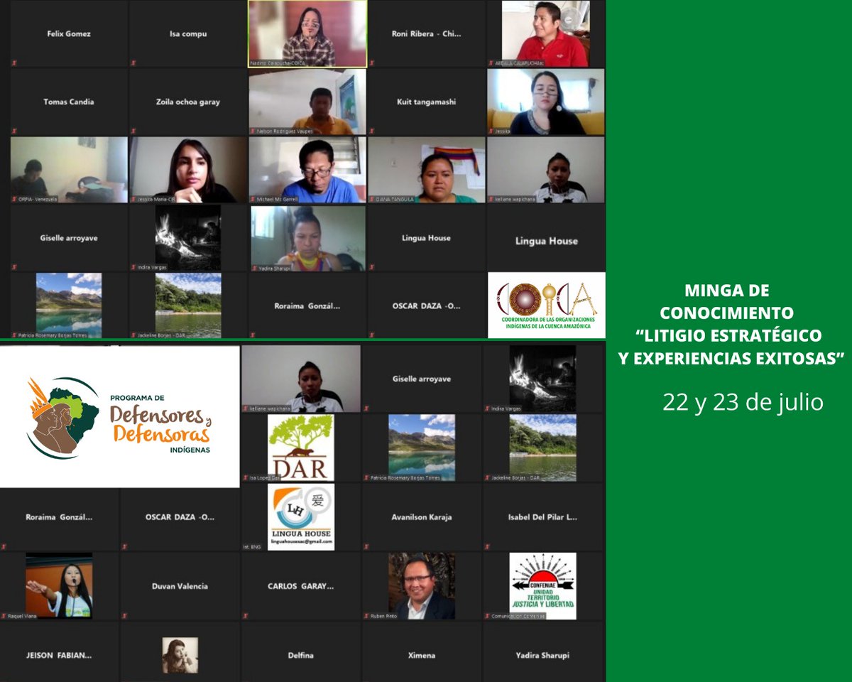 coicaorg's tweet photo. Por la #DefensadeDefensorxs 🌎

Iniciamos la minga de conocimiento "Litigio estratégico y experiencias exitosas". Participan lideres y lideresas de las bases de #COICA de Perú, Ecuador, Brasil, Bolivia, Colombia, Venezuela y Guyana. 👇 https://t.co/HyKvc3sU1x