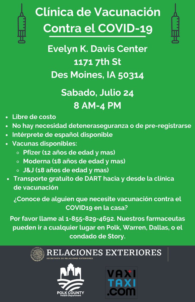 Get Vaccinated, no appointment needed! This Saturday (7/24) from 8:00AM - 4:00PM at the Evelyn K. Davis Center!