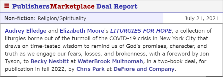 _ejmoore's tweet image. Not your average scroll through Publishers Marketplace! Delighted to be writing this book with my literary soulmate @AudreyMae17, with a foreword by @JonTyson.