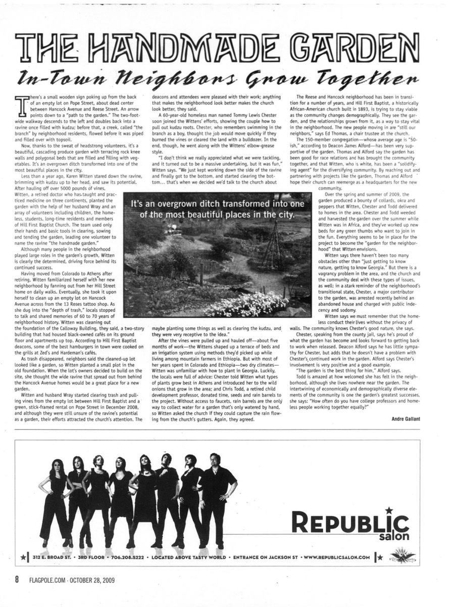 In 2009, several members of the Athens community came together and built a beautiful garden on a vacant lot on Pope St. called “The Handmade Garden.”  Read more about it in this Flagpole article: 
ow.ly/ay1050Fri6o