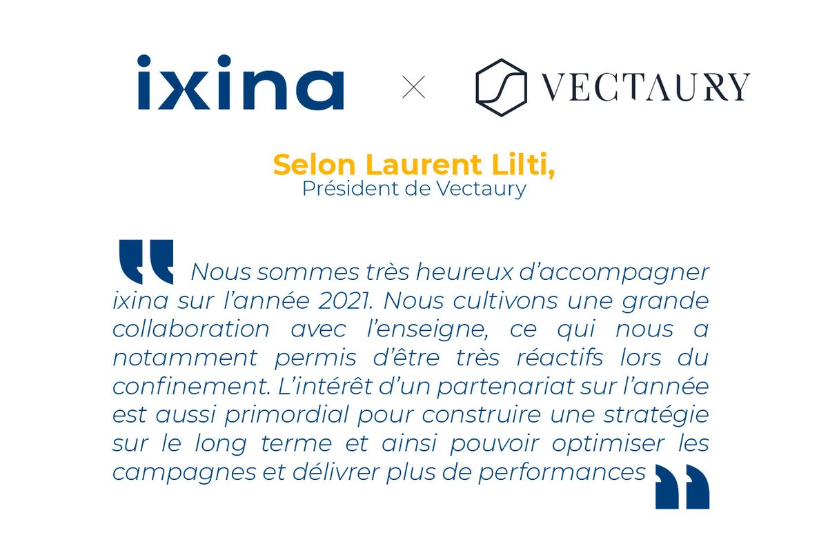 Les retours du président de <a href="/VECTAURY_fr/">VECTAURY</a>  sur le partenariat avec <a href="/IxinaFrance/">Ixina France</a>
1⃣Cultiver une grande collaboration 
2⃣Avoir une stratégie sur le long terme
3⃣Optimiser les campagnes et les performances

👉bit.ly/3ByMOt8
#drivetostore #drivetoweb #partenariat