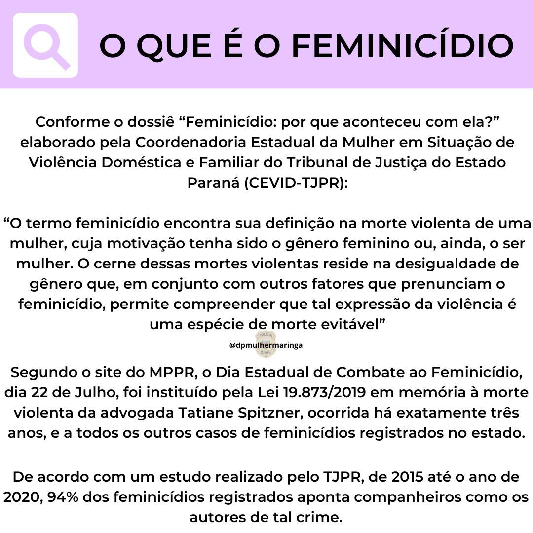 dpmulhermaringa's tweet photo. 📌 A fim de fortalecer as iniciativas voltadas à conscientização da importância do combate ao feminicídio que a Assembleia Legislativa instituiu, no ano de 2019, o Dia Estadual de Combate ao Feminicídio. https://t.co/mJAVGxP7Wv