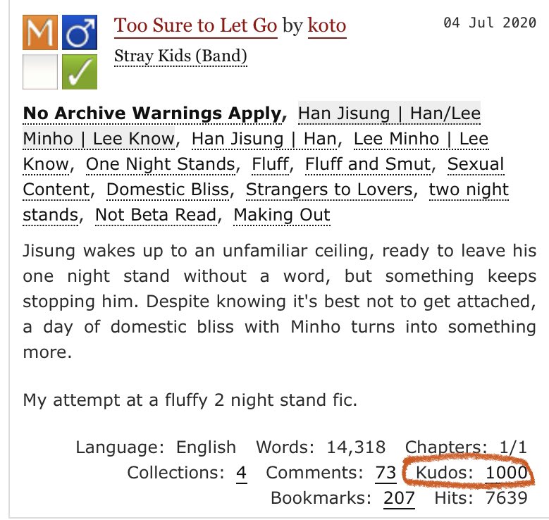 Ao3Koto's tweet photo. Too Sure to Let Go hit 1000 kudos 🥲 Thank you all who have read and supported it and left comments and kudos!! I missed its little birthday post at the start of the month, but it’s just over a year old and I can’t believe how well-loved this fic is 💖 https://t.co/PcQR8vEPtp