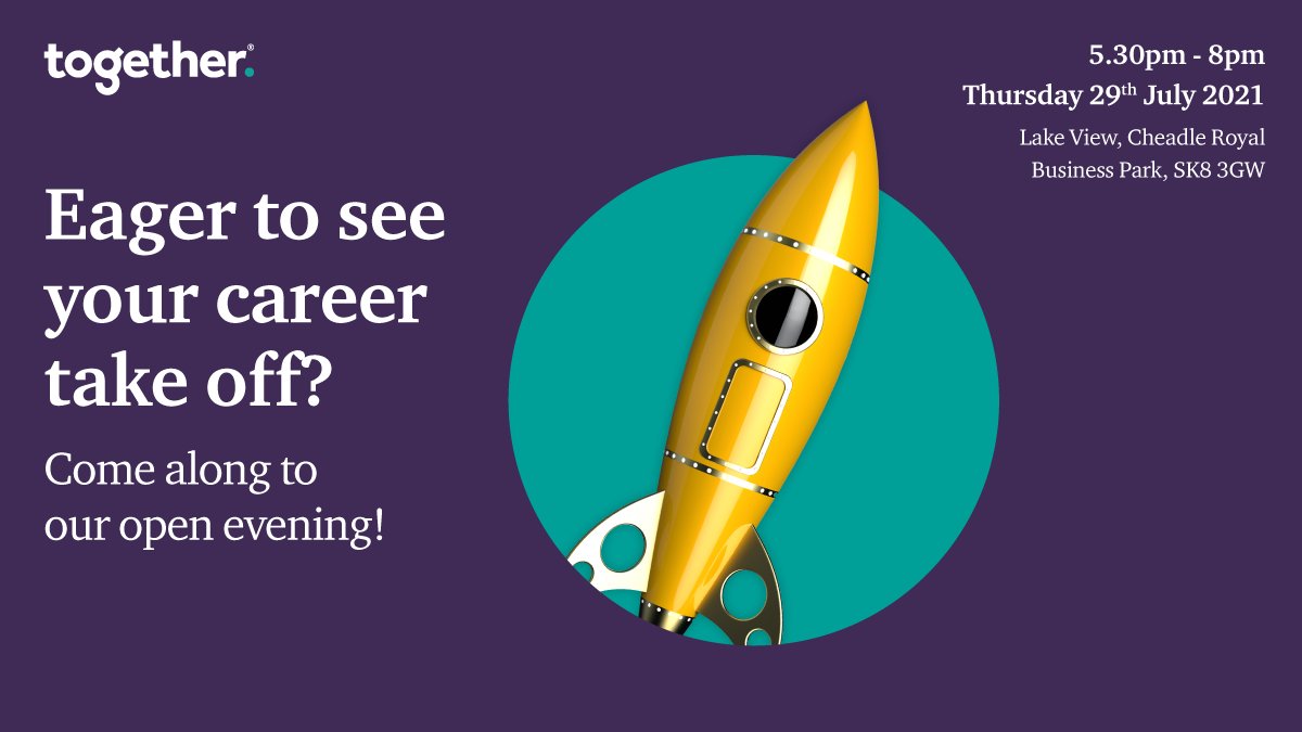 (1/3) 📣 Open evening: Visit our South Manchester offices 17:30 – 20:00 Thursday 29th July to meet our hiring managers, discover brilliant career opportunities and get a feel for what it’s like to work at Together.