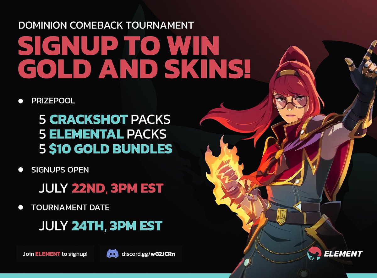 element_sb's tweet image. Need another reason to jump back into #Spellbreak? Announcing the Dominion Comeback Tournament! We’ve got a prize pool of Chapter 3 rewards for you! Signups available starting at 3PM EST in the Element Discord! discord.gg/kdBkSSN @PlaySpellbreak