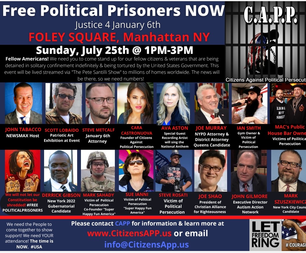 CAPPcitizens's tweet photo. Please join us in NYC at Foley Square Sunday, July 25 from 1pm to 3pm!  We have an AWESOME Speaker Line-up, Surprise Guest Speakers, and some amazing Music Performances planned!  Stand, Unite, and let our voices be heard for all indefinitely detained Political Prisoners!! #CAPP https://t.co/kLzPCo2JSV