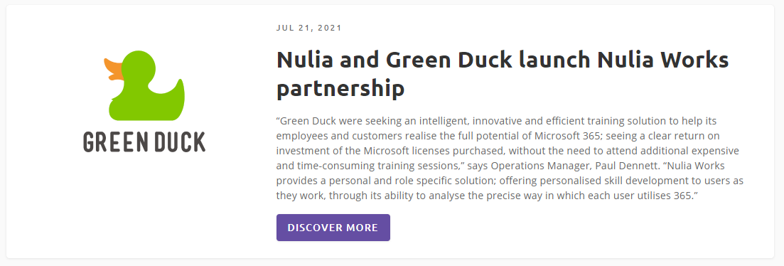 nuliacloud's tweet photo. Nulia is pleased to announce a partnership with @GreenDuck_IT to bring Nulia Works to their customers, guiding their users to realize their potential and unlock the value of #MicrosoftTeams &amp; ALL of #Microsoft365 with our better-together solutions: https://t.co/pSSiK3oPJq https://t.co/Ce5zzbvrfx