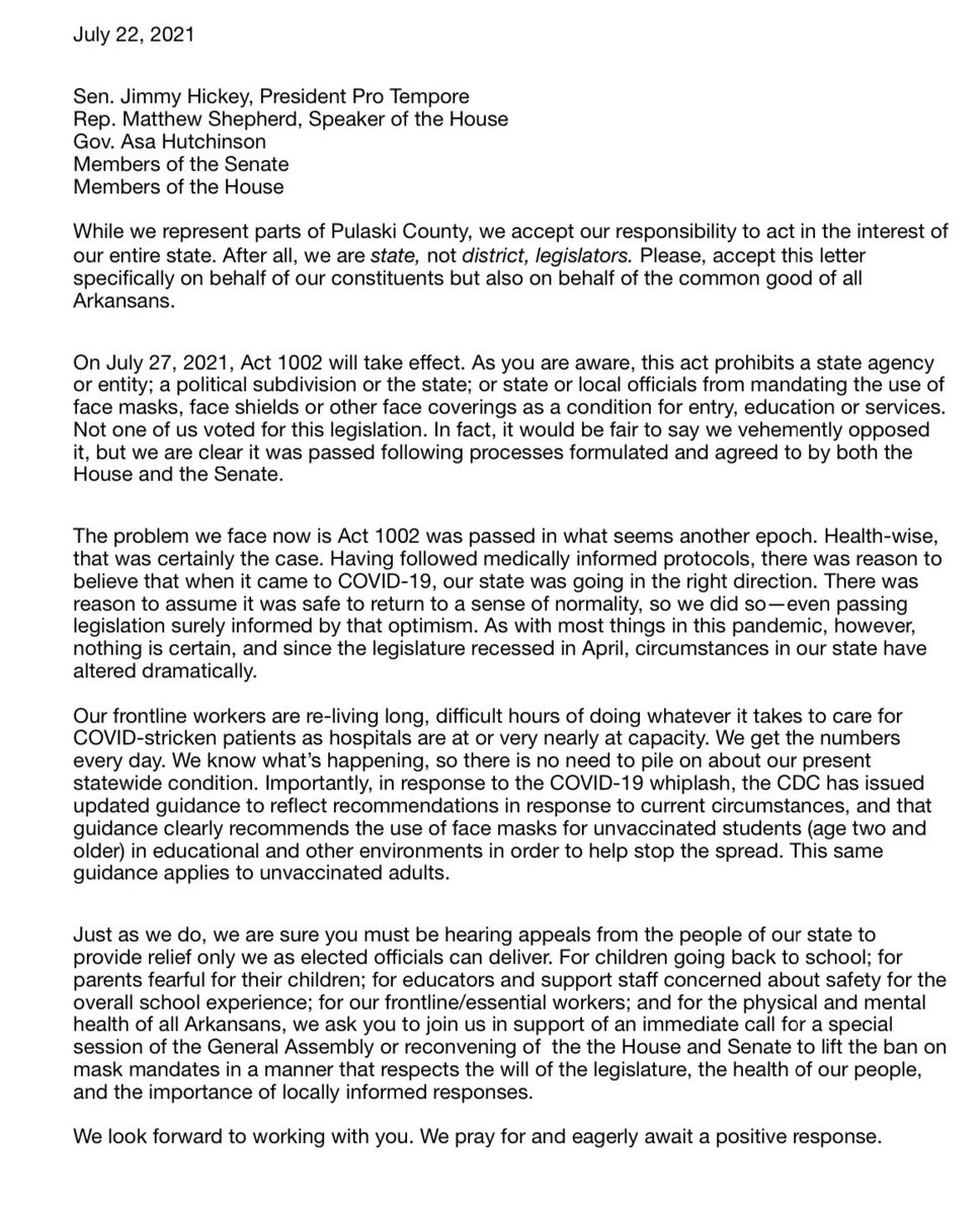 ArkDems's tweet photo. 📣 “We ask you to join us in support of an immediate call for a special session of the General Assembly…to lift the ban on mask mandates in a manner that respects the will of the legislature, the health of our people, and the importance of locally informed responses.” #arpx https://t.co/pjKFliJo3s