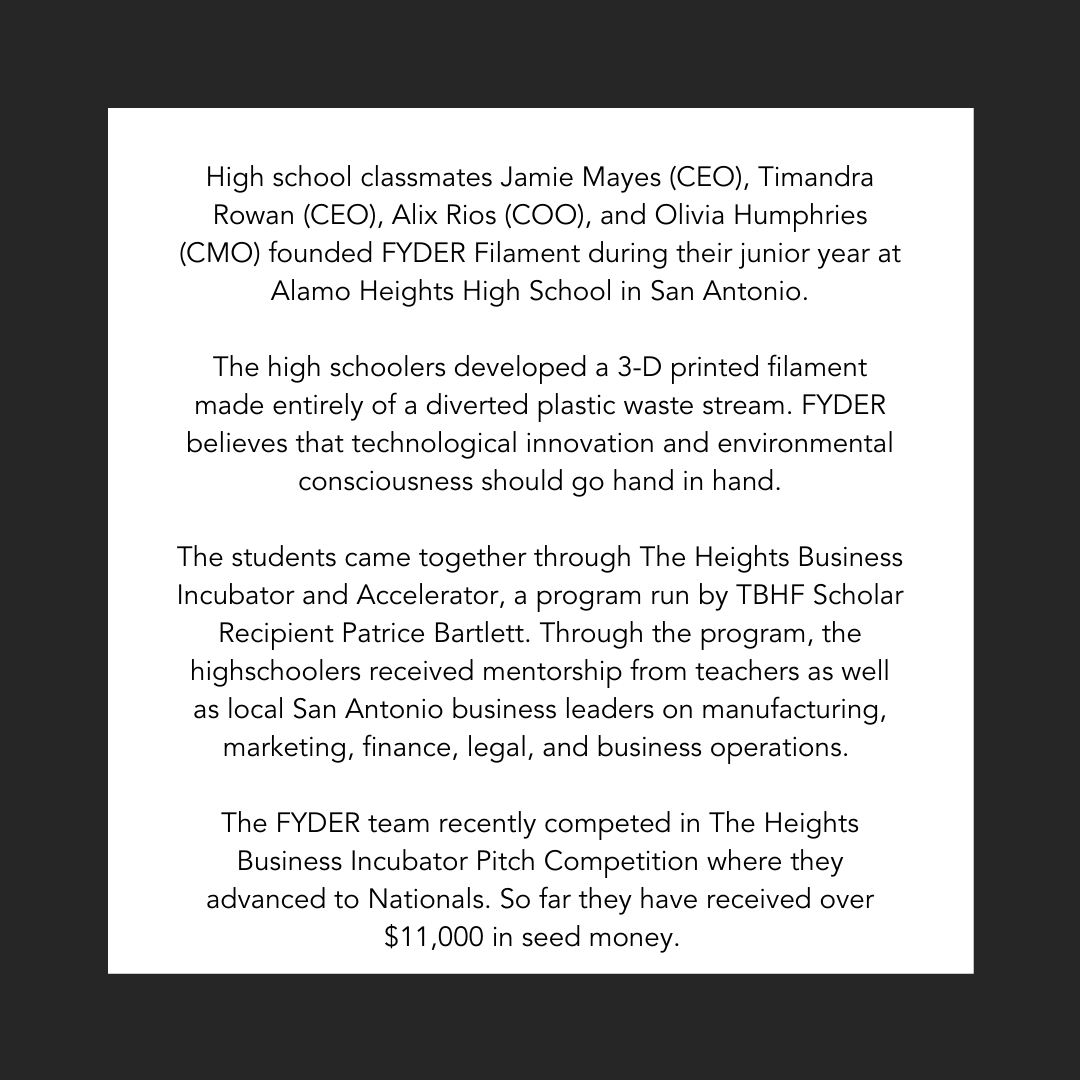 texas_fame's tweet photo. In our series #TeenTitans, we profile high school student entrepreneurs from around the state of Texas. Meet FYDER Filament, an innovative 3D printing company out of San Antonio that aims to reduce polypropylene waste. To learn more, visit https://t.co/qtOXAXAMhs. https://t.co/NHaAWF3vKf