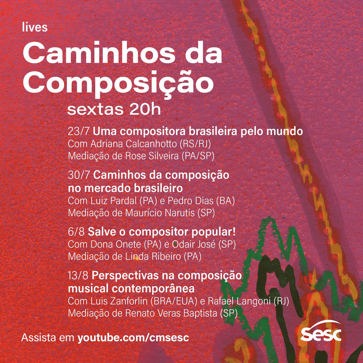 cmsesc's tweet photo. No projeto "Caminhos da composição", compositoras e compositores brasileiros discutem e analisam assuntos como formação, ensino, técnicas, processos criativos, realidades e mercados da Música.

Veja a programação completa e acesse https://t.co/rsBEfcpzkD para não perder! https://t.co/hctky4WuPu