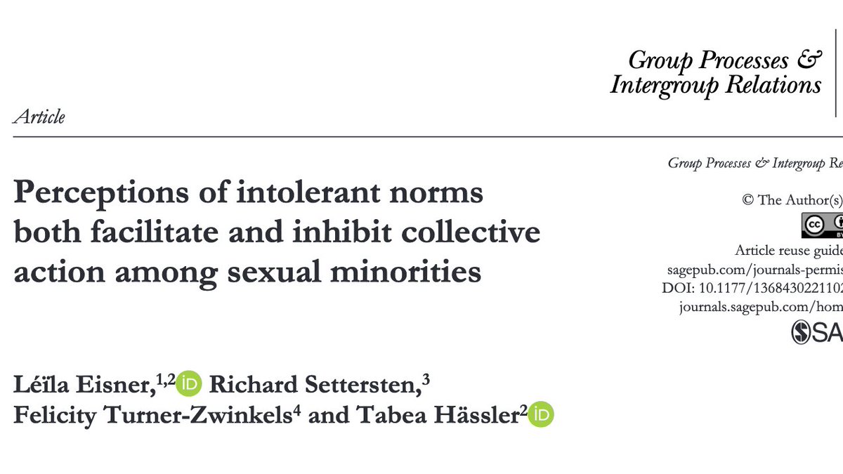 Our new article is out (and open access) in Group Processes and Intergroup Relations! 🙌 doi.org/10.1177/136843… 

In three studies, we examined how the perceived opinions of others (i.e., perceived societal norms) are related to sexual minorities’ collective action. (1/4)