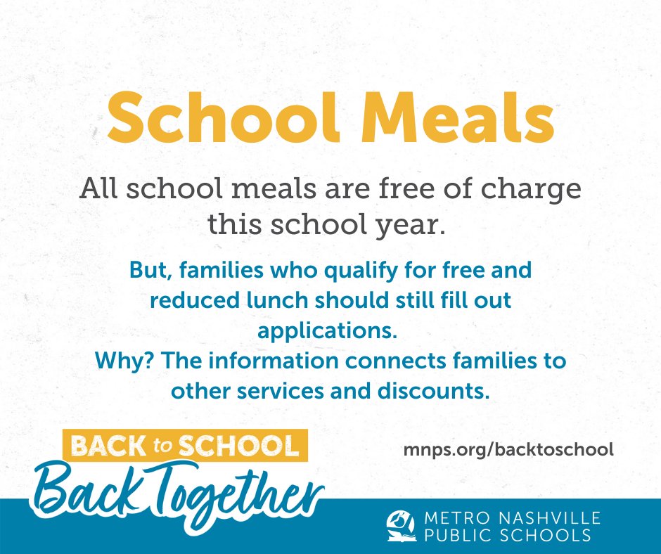 MetroSchools's tweet photo. School Meals are free of charge this school year.

➡️ However, families who qualify for free and reduced meals should fill out applications anyway. 

Why? The information connects families to other services and discounts. https://t.co/L3jHrOVOks