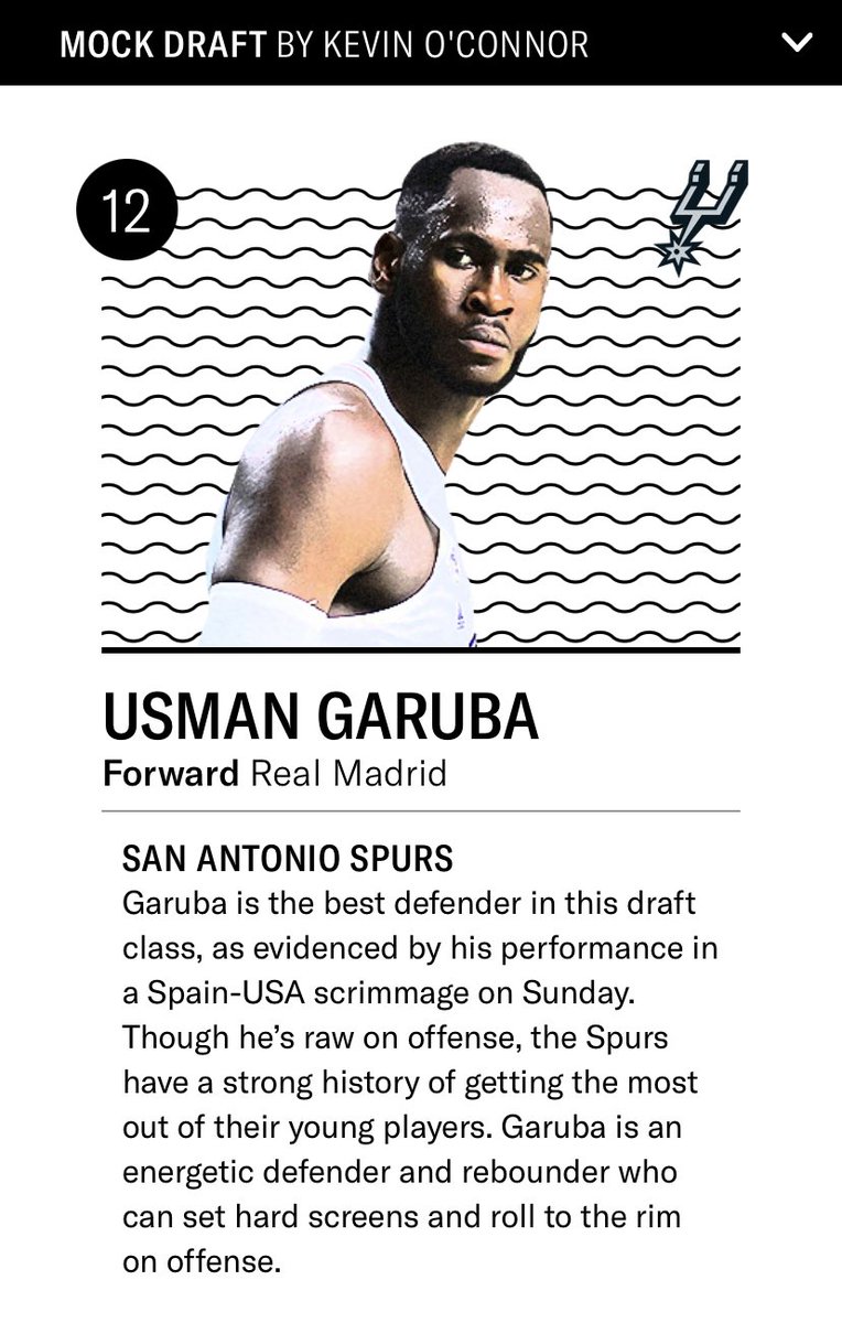RT @N_Magaro: Kevin O’Connor has the Spurs picking Usman Garuba 12th overall in his latest mock draft: https://t.co/qYZuFNvtHD