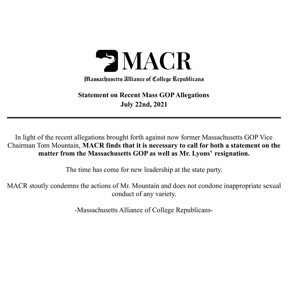 MassCR's tweet photo. Please see our full statement on the allegations against former @massgop  Vice Chairman Tom Mountain. https://t.co/Ep4tLtj2CX