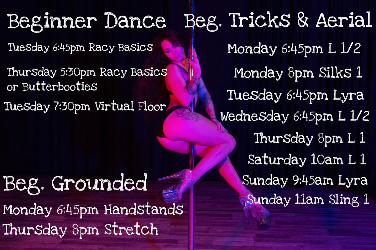 ButtercupPole's tweet photo. Looking for NEWB level classes? We have lots! Pole, silks, sling, lyra, twerk, handstands, and stretch...oh my! Sign up online at https://t.co/DRSMdd3tkh 
📷 by Charmaine George of @SarahJadePole https://t.co/f6dKa80iLW