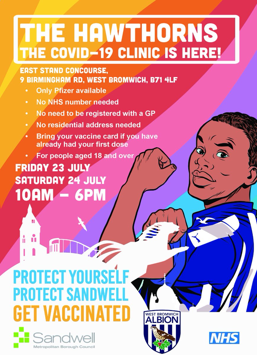 LeaderSandwell's tweet photo. I urge anyone in Sandwell who has not yet received their first or second jab to do so as soon as possible.  

Please go along, 10am-6pm, tomorrow or Saturday at The Hawthorns. 

Protect yourself, protect Sandwell. https://t.co/37Nv8j1qdC
