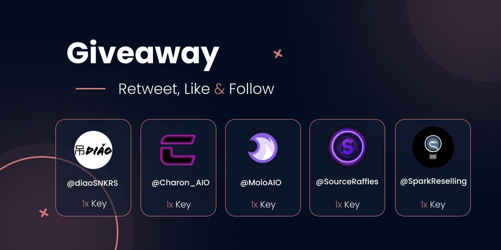 home of diaoSNKRS (@diaosnkrs) on Twitter photo Giveaway Alert 🥶
🎁 Prizes :
1x <a href="/diaoSNKRS/">home of diaoSNKRS</a>
1x <a href="/Charon_AIO/">CharonAIO</a>
1x <a href="/MoloAIO/">Molo</a>
1x <a href="/SourceRaffles/">SourceRaffles</a>
1x <a href="/SparkReselling/">Spark</a>
Rules :
- 🔁 Retweet
- ❤️ Like
- ➕ Follow ALL accounts
Ends in 72 hours . Good luck ! 🍀 Giveaway Alert 🥶
🎁 Prizes :
1x <a href="/diaoSNKRS/">home of diaoSNKRS</a>
1x <a href="/Charon_AIO/">CharonAIO</a>
1x <a href="/MoloAIO/">Molo</a>
1x <a href="/SourceRaffles/">SourceRaffles</a>
1x <a href="/SparkReselling/">Spark</a>
Rules :
- 🔁 Retweet
- ❤️ Like
- ➕ Follow ALL accounts
Ends in 72 hours . Good luck ! 🍀