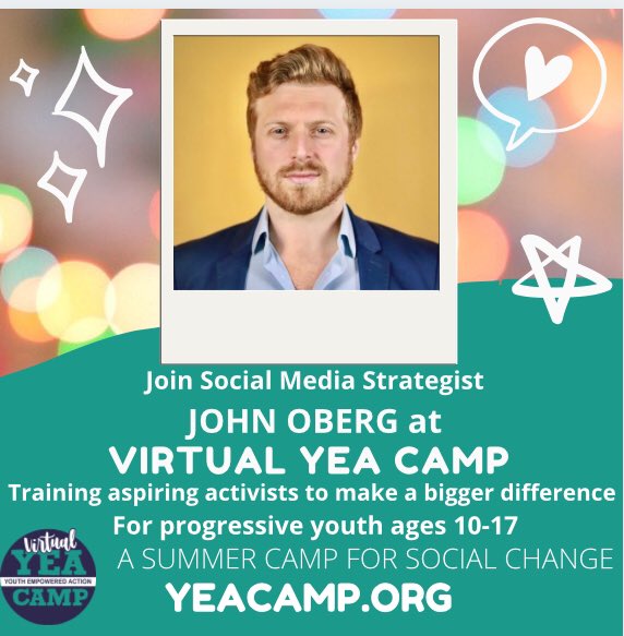 yeacamp's tweet photo. Some spots still available for youth ages 10-17 at Virtual YEA Camp, training aspiring young social justice activists!

We’re excited to learn from @JohnOberg how to spread a message + reach more people!

Go to https://t.co/ETAUxwgvP5 for deets + to sign up!

#activism #vegan https://t.co/GJI8RFkkhv