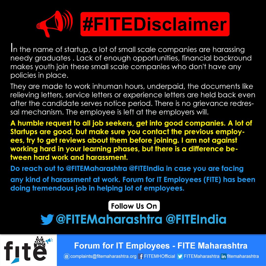 PavanjitMane1's tweet photo. #Freshers needs to cross check the background of companies they are joining , check for reviews as many #Startups #smallIT firms exploit employees for #FNF #relievingdocs #employmentbonds
Thanks @GauravSisodiya4 for highlight & creating the awarness
#FiteDisclaimer @OneMillionIT https://t.co/3CD90uBfFg
