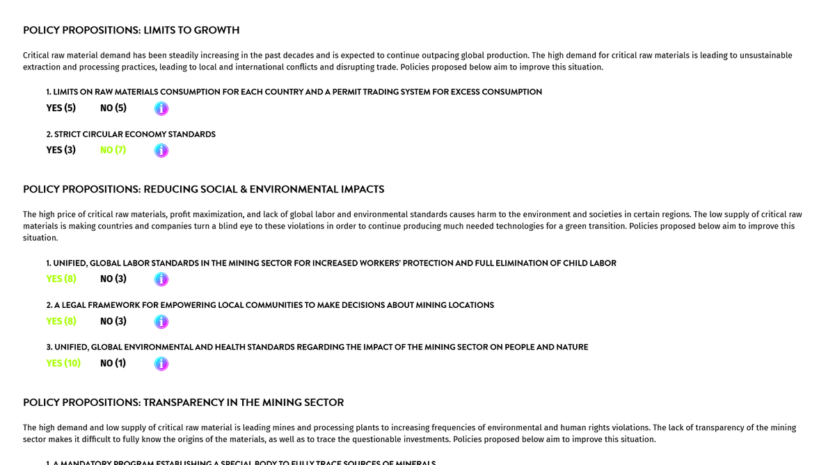 SocSim's tweet photo. Players are now presented with various policy propositions on the limits to growth, reducing social and environmental impacts, and the transparency in the mining sector. 

How will the interests of each country affect voting? 

#CascadingResourceScarcity https://t.co/RtOzcuu4N7
