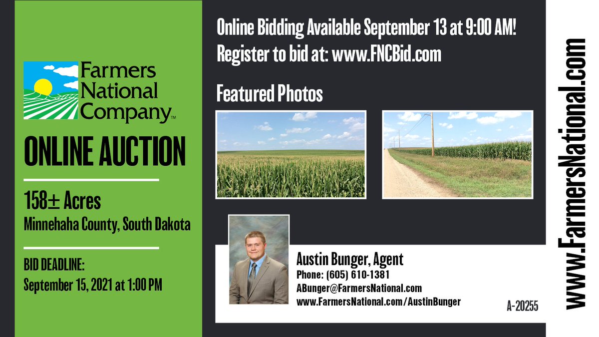 Online Auction!
Selling in two individual tracts!
This offering is an excellent opportunity to purchase two highly productive parcels of Minnehaha County, South Dakota farmland.
farmers-national-company.com/A-20255
#FNCland #realestate #forsale #auctions #farmersnational