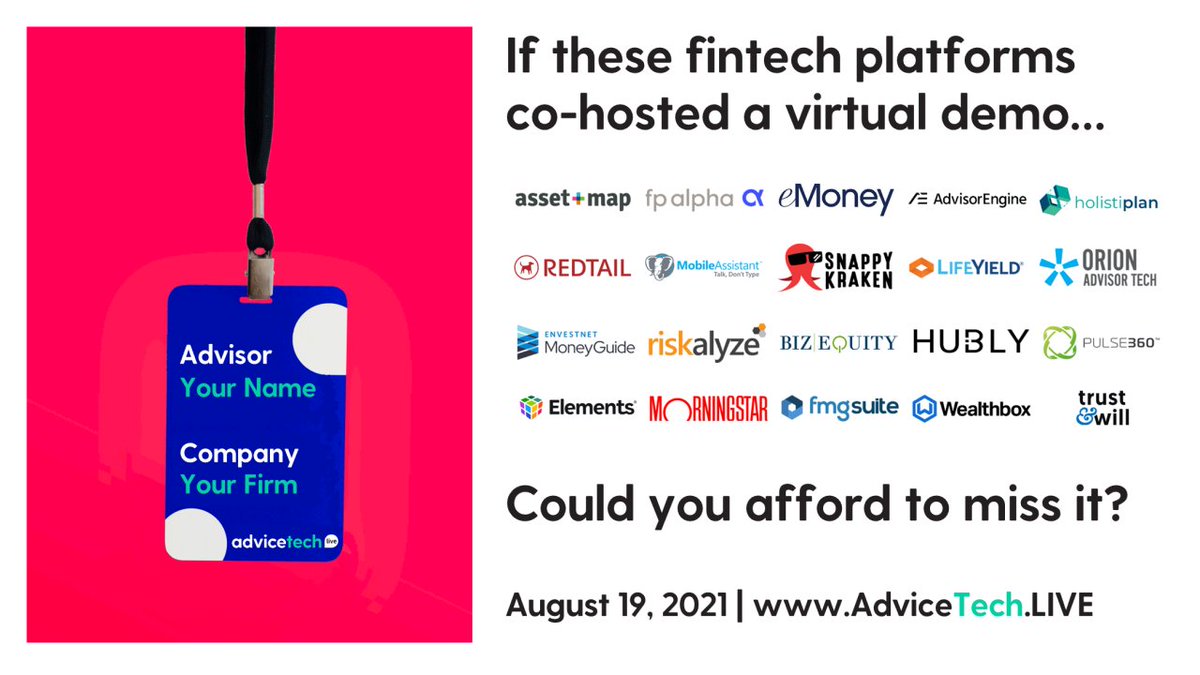 RedtailCRM's tweet photo. We’re proud to be sponsoring this year's #AdviceTechLIVE virtual showcase taking place on 8/19. Register today and learn more about addressing client engagement, financial wellness, and advice accessibility 👉 https://t.co/S4F8KRE4yf https://t.co/lgJC4oIhcZ