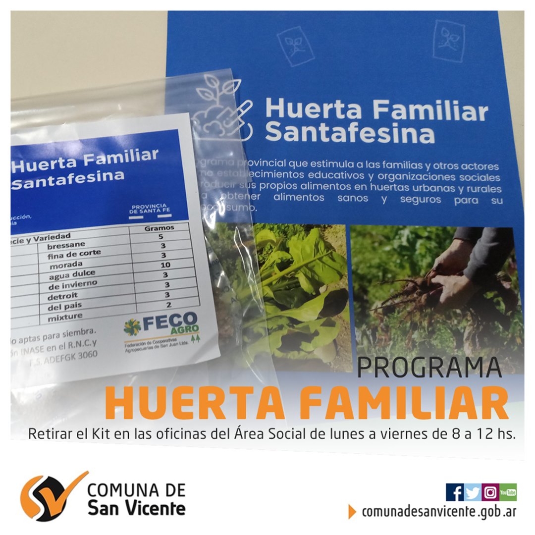 sanvicenteok's tweet photo. 🌱#HuertaFamiliar: Retirar Kit de semillas🍅
El Área Social informa que, las personas que se inscribieron en el Programa "Huerta Familiar", desde la web oficial de la Pcia, deberán retirar el Kit en las oficinas del Área, de lunes a viernes de 8 a 12 horas. Llevar DNI. https://t.co/OupixWrvuN