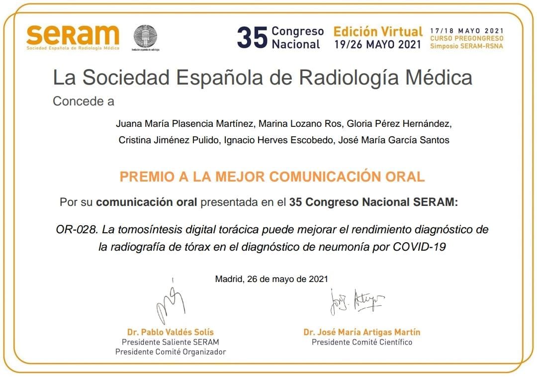 Como antes fue con nuestro trabajo fin de grado <a href="/serammeA6SALUD/">SERVICIO DE RADIOLOGÍA HOSPITAL MORALES MESEGUER</a> sobre Tomosíntesis Digital 3D en COVID-19, 1er premio del I Congreso Internacional de Investigación Biosanitaria para Jóvenes Investigadores, ahora PREMIO A LA MEJOR COMUNICACIÓN ORAL del 35 Congreso de la SERAM.