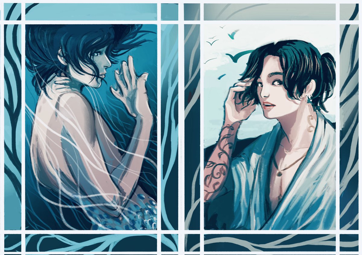 AltieDraws's tweet photo. Here is a Taekook fanart I made to illustrate @AnxiouslyWrit ‘s awesome fic, where Tae is a beautiful, mysterious sea creature and shipwrecked JK is under his spell… 💜💜💜
See the Post I cited for the fic link !
ao3 link: https://t.co/KPSxcaon6H 
#taekook #taekookfanart https://t.co/48S6OeqBTr