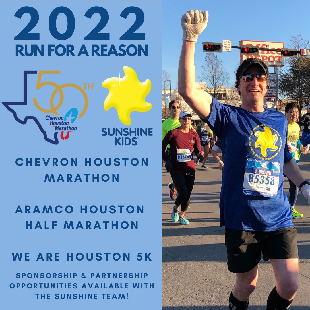 SunshineKidsOrg's tweet photo. RUN, don’t walk…to register with the #SunshineKidsFoundation for the Chevron Houston Marathon! 🏃‍♂️☀️Use this link https://t.co/KwXcReQRqS to sign up for a guaranteed entry. Ask us about joining the Corporate Partnership Program! #houmarathon #houhalf #runhou #rfarhouston https://t.co/2CEl4imFcW