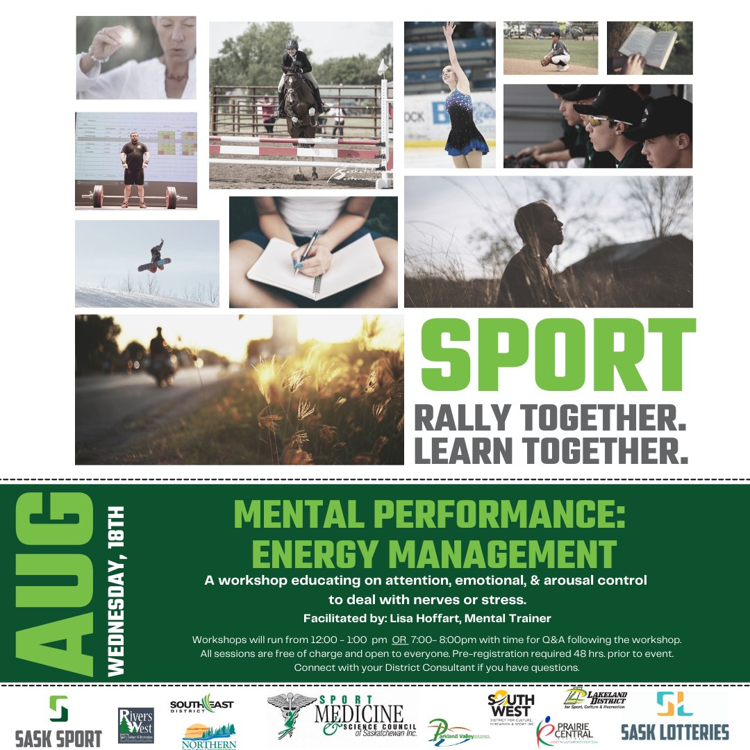 Mental Performance - Energy Management 
A workshop educating on attention, emotional, &amp; arousal control to deal with nerves or stress.

Wednesday, August 18 2021
12:00-1:00 OR 7:00-8:00

Facilitated by:  Lisa Hoffart, Mental Trainer
Registration: forms.gle/7dQQzV1hV5cEL2…