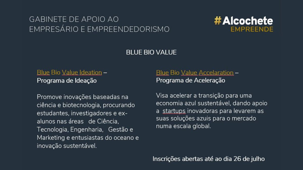 ▶️ Blue Bio Value
ℹ️ Inscrições abertas até ao dia 26 de julho

Informações e Inscrições --> buff.ly/3zoCXUO
#gaee #empresario #empreendedorismo #alcochete #alcocheteacontece