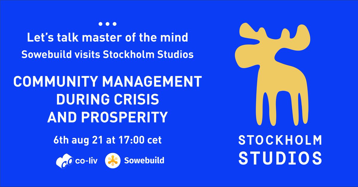 Sowebuild's tweet image. We will visit Elena Rantsevich Stockholm Studios and will discuss community management for situations in times of crisis and prosperity!

Sign up here;
us02web.zoom.us/meeting/regist…

#communitymanagement #gettogether #stockholmstudios #coliving