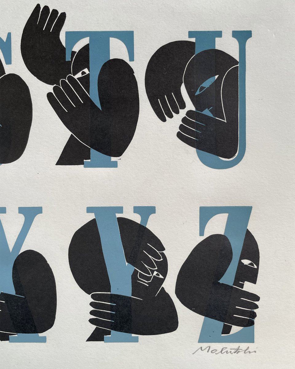 Lett_Arc's tweet photo. Peter Malutzki, Linocut alphabet, FlugBlatt-Presse, Lahnstein, 1981. Also known as Flugblatt Press, this small publishing house was founded in 1980 by Heidi Hübner, Peter Malutzki, and Manfred Prochotta, students of Wilhelm Neufeld at the Werkkunstschule in Mainz, Germany. https://t.co/u1YJ9C2P6E